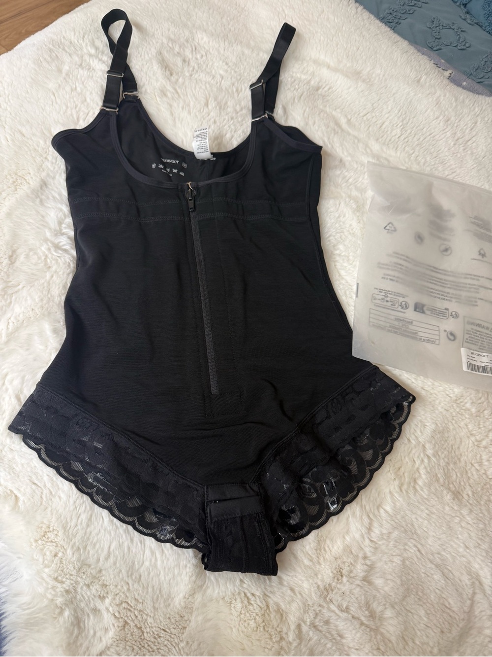 Black Zipper Front Shapewear Bodysuit with Lace Trim size Medium